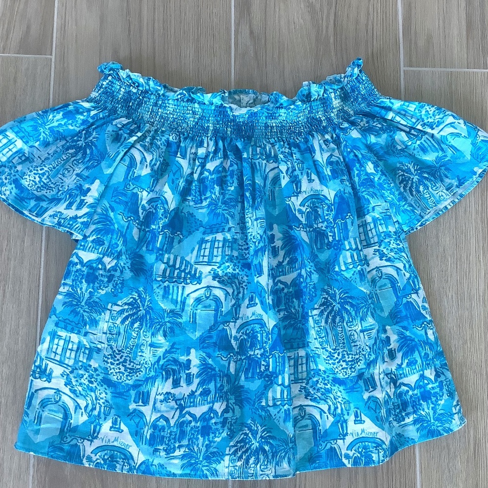 Lilly Pulitzer Blue White Leanne Off The Shoulder Linen Top Size S NWT
